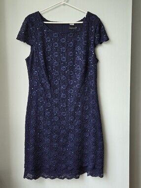 Navy Lace Dress 15/16? Sequin Cap-Sleeve Dress Wedding Guest Cocktail Party